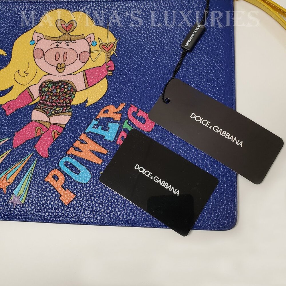 DOLCE & GABBANA BAG POWER PIG BLUE LEATHER POUCH w WRISTLET STRAP - Picture 8 of 12